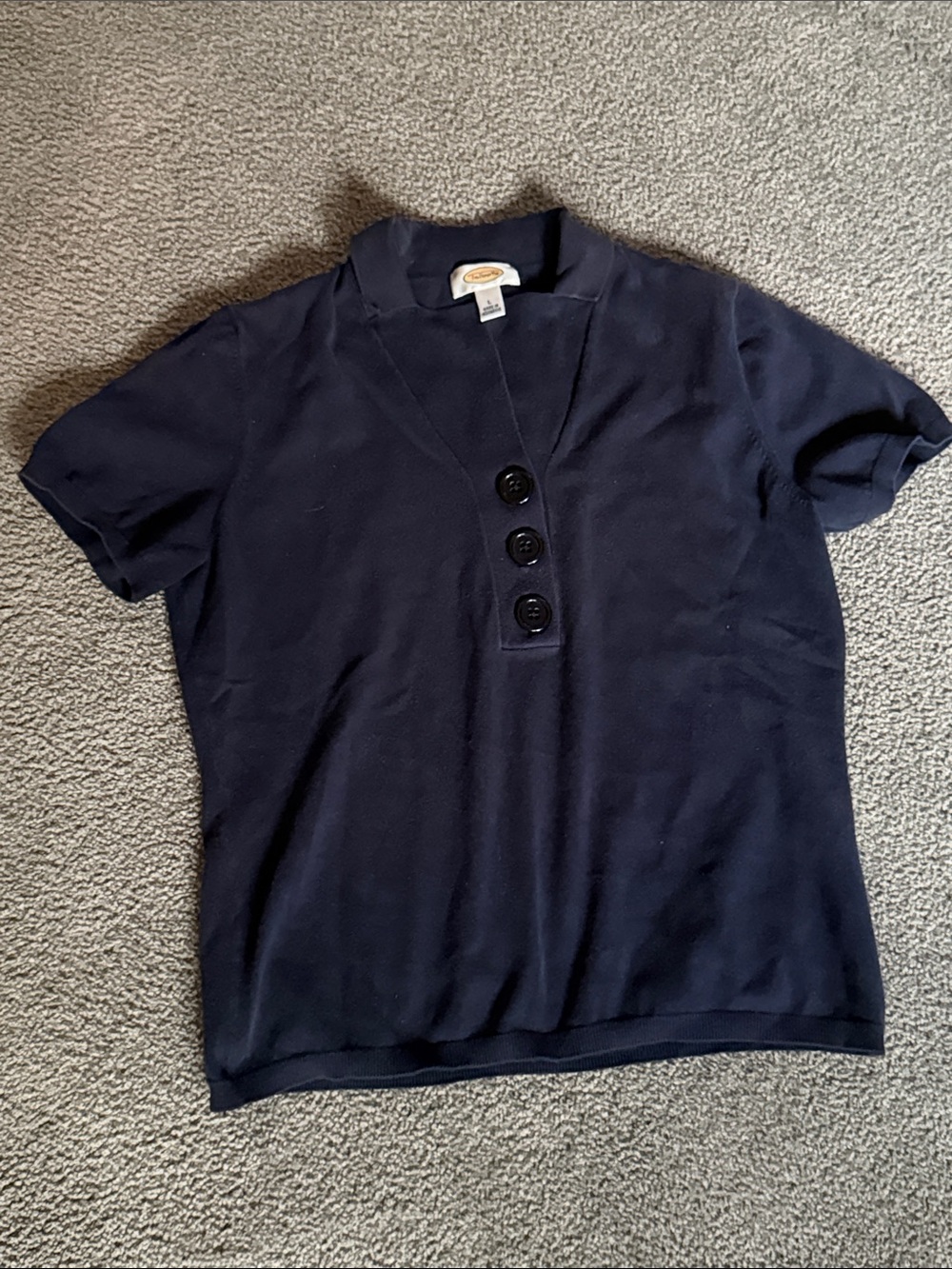 Talbots Navy Short-Sleeve Knit Top with Button Placket. Size L